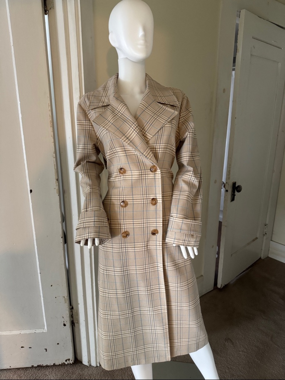 Bagatelle Collection New York Beige and Blue Plaid Double-Breasted Trench Coat - Picture 2 of 13